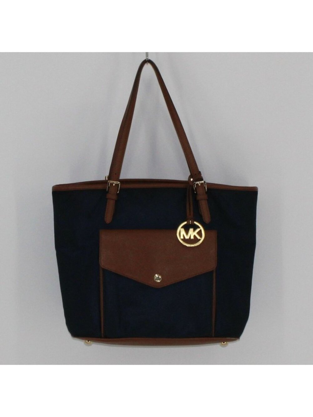 Michael Kors Navy & Brown Large Nylon Tote Bag With Gold MK Charm